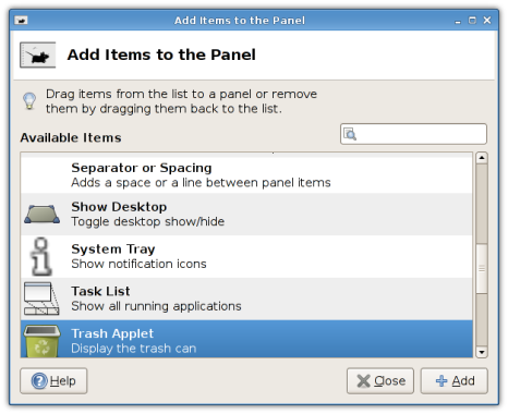 Panel Add Item Dialog